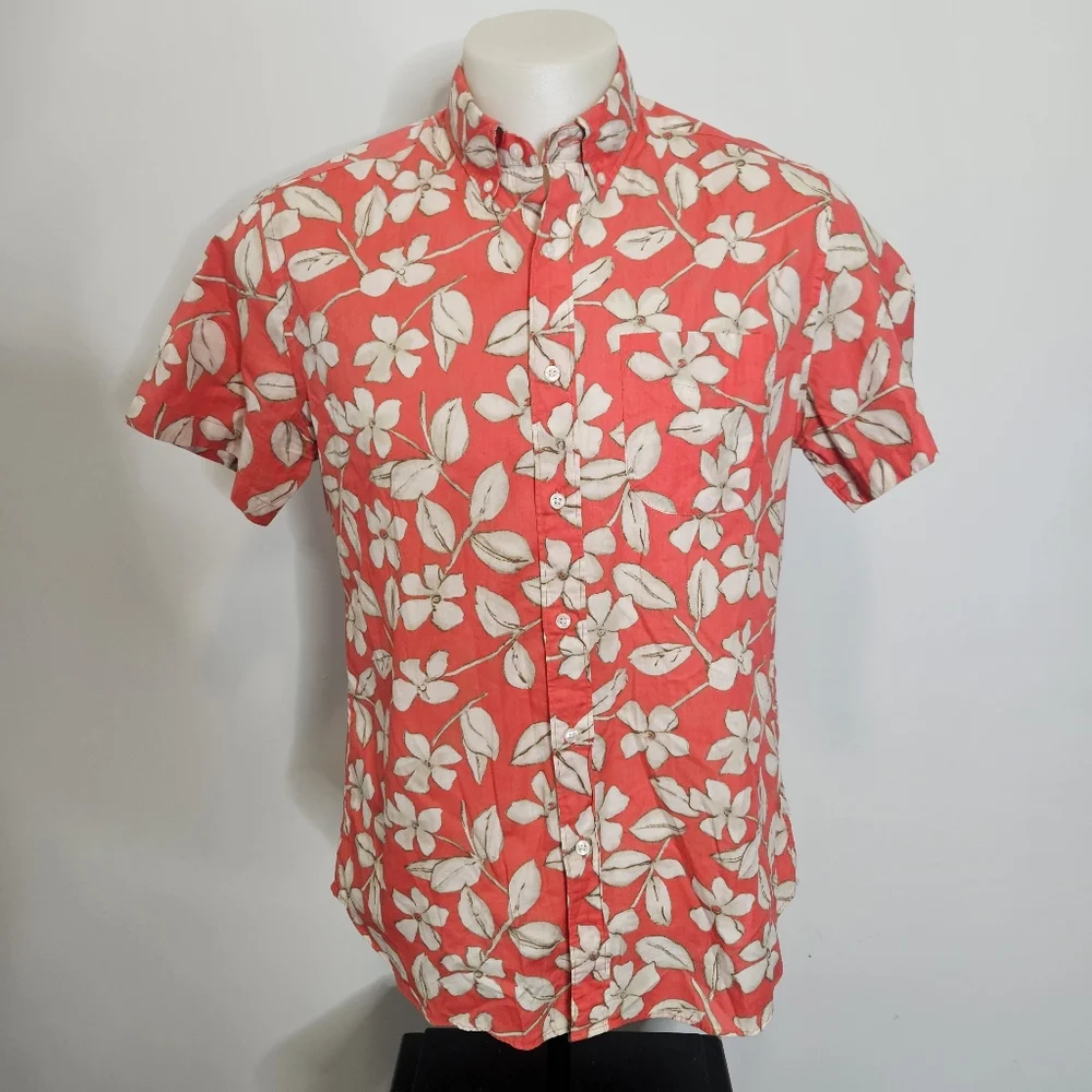 J.Crew Shirt Coral Floral Hawaiian Aloha Short‎ Sleeve Button Down Mens Medium
